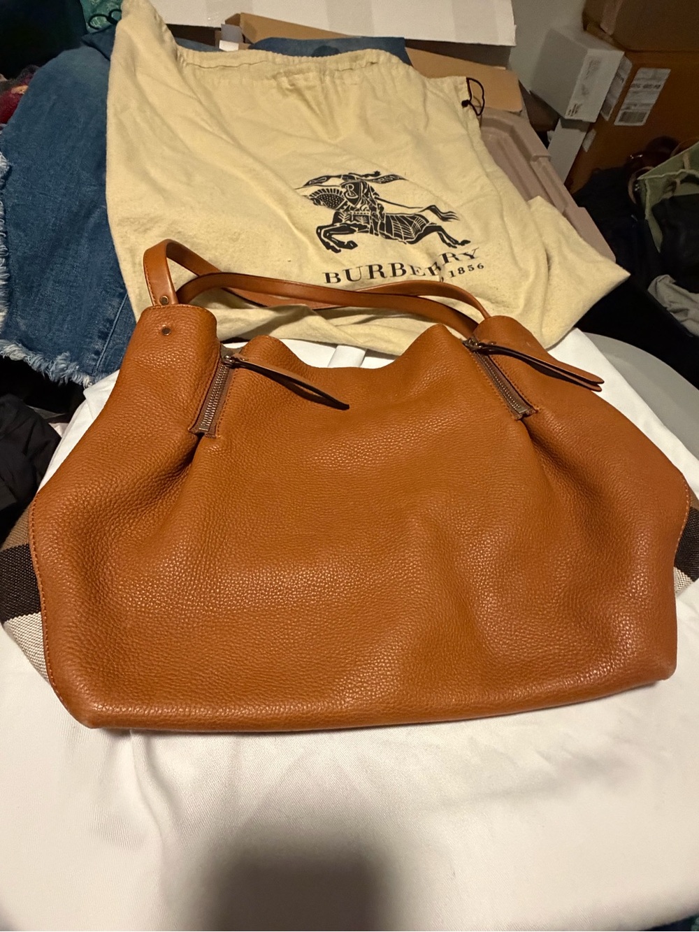 BURBERRY Brown Leather And House Check Canvas Medium Maidstone Tote Bag - Picture 12 of 14